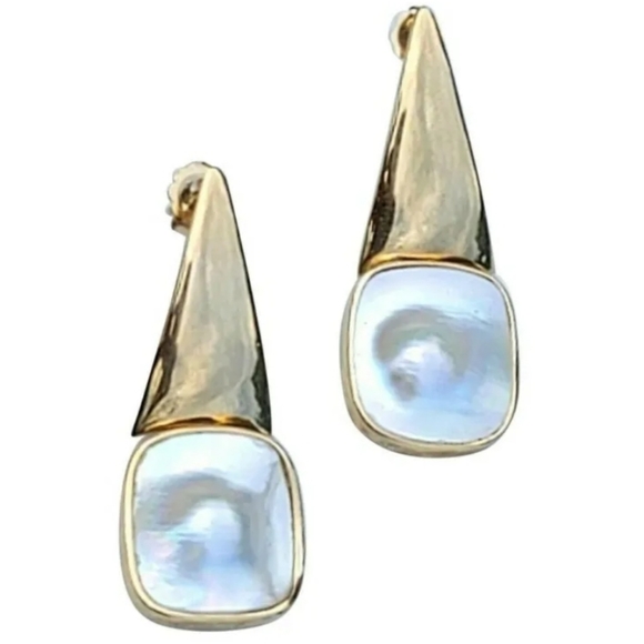 Earrings 14k Gold Blister Pearl Drop Vintage -Gemstone Earrings-Estate  9.6g - Picture 5 of 12